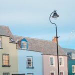 concrete houses near street light